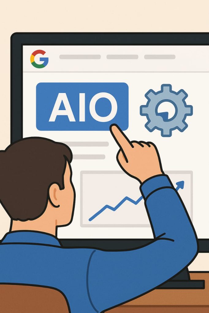 A man optimizing his website with AI tools, showing how AIO enhances Google search appearance through smart automation and structured content.